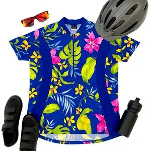 Mt. Borah Tropical Cycling Jersey Floral Print Blue Yellow Pink Size XL in GUC